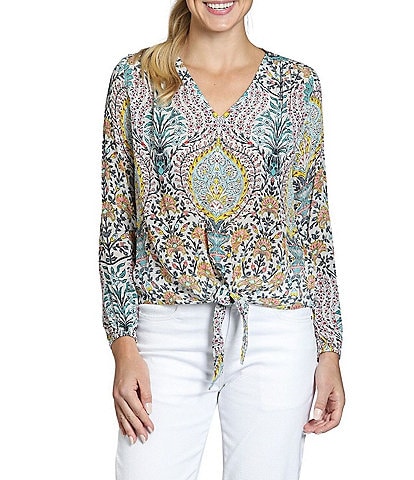 APNY Woven Printed V-Neck Long Sleeve Tie Front Top