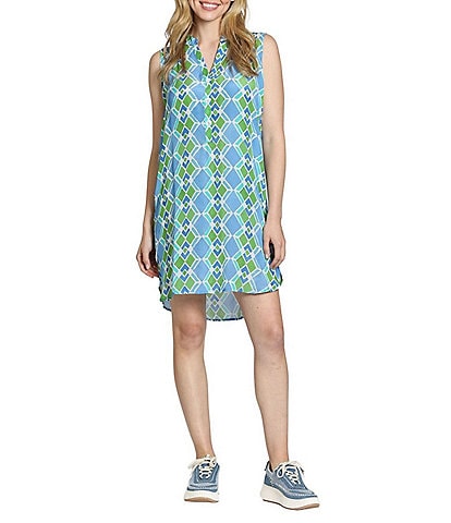 APNY Woven Printed V-Neck Sleeveless Button Front Dress