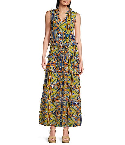 APNY Woven Printed V-Neck Sleeveless Tiered Maxi A-Line Dress