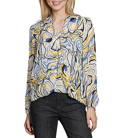 APNY Woven Printed V-Neck Tassel Long Sleeve Top
