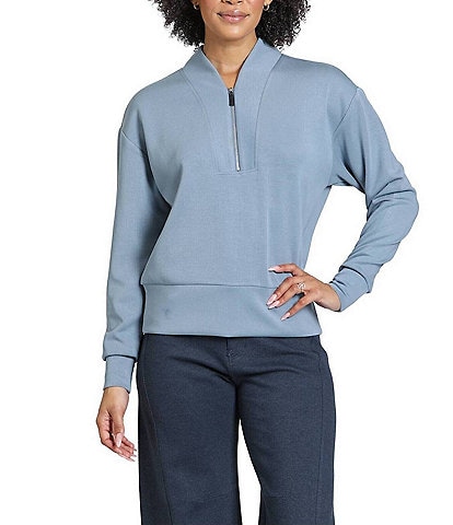 APNY Woven Stand Stand Collar Long Sleeves 1/4 Front Zipper Pullover Sweater Top