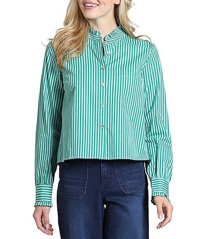 APNY Woven Stripe Spread Collar Long Sleeve Cropped Length Shirt