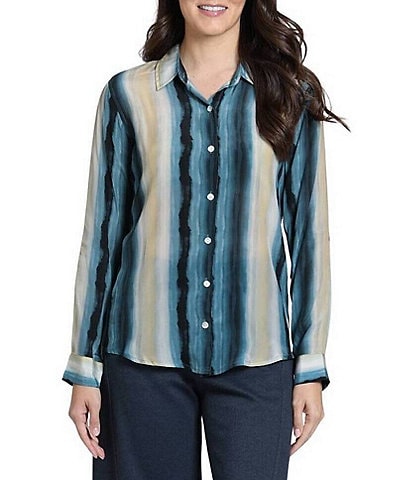 APNY Woven Watercolor Vertical Stripe Spread Collar Long Sleeve Button -Up Shirt