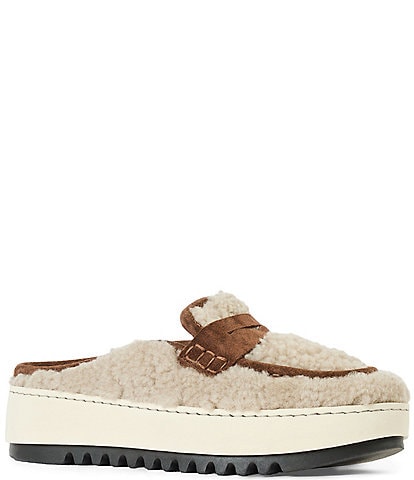 Aquatalia Amata Cozy Shearling Platform Wedge Penny Mules