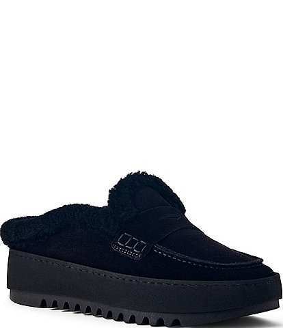 Aquatalia Amata Water Resistant Suede Shearling Lined Platform Penny Mules