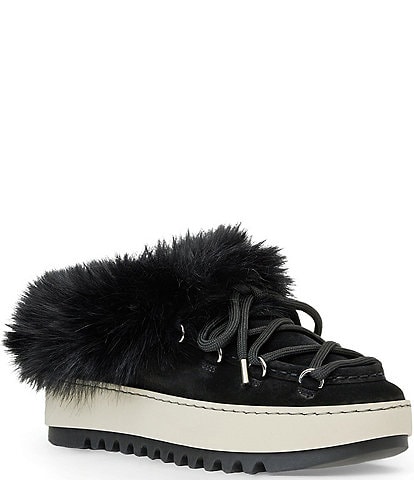 Aquatalia Anise Suede Faux Fur Collar Shearling Lined Platform Mules