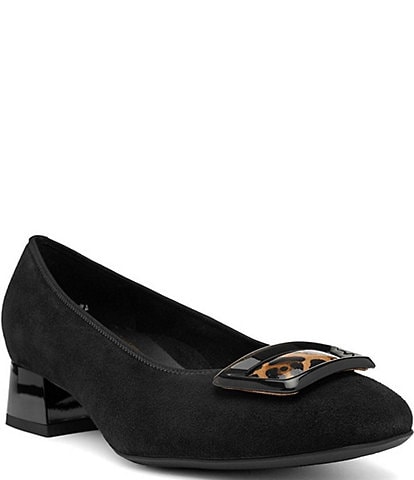 ara Gale Suede Leopard Print Patent Buckle Ornament Block Heel Pumps
