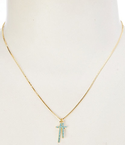 Argento Vivo Turquoise CZ Double Cross Short Pendant Necklace