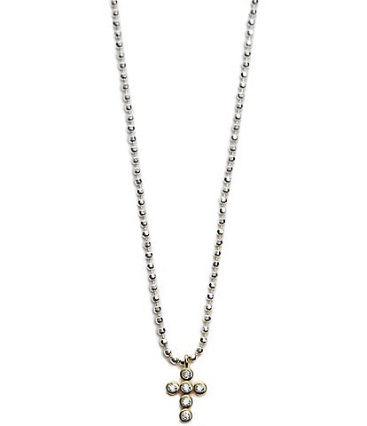 Argento Vivo Two Tone CZ Cross Ball Chain Beaded Short Pendant Necklace