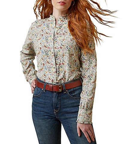 Ariat Clarion Floral Twill Long Sleeve Ruffle Trim Button Front Blouse