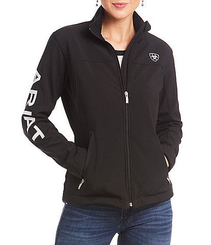 Ariat Logo Sleeve Stand Collar Heat Retention Softshell Zip Front High-Low Jacket