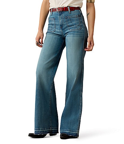 Ariat Mavis Stretch Denim High Rise Flat Front Full Length Frayed Hem Jeans
