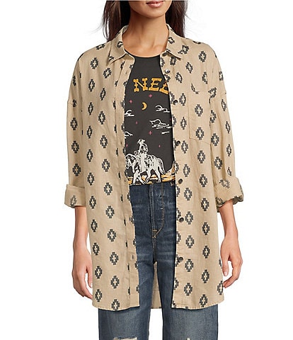 Ariat Poppy Summer Southwestern Print Linen Blend Oversized Long Sleeve Overshirt