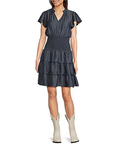 Ariat Stellar Smocked Ruffle Tiered Chambray Dress