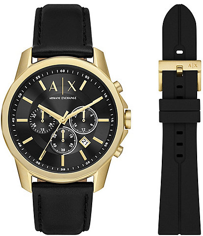 Armani Exchange Men's Banks Chronograph Black Pro-Planet Leather Strap Watch Gift Set