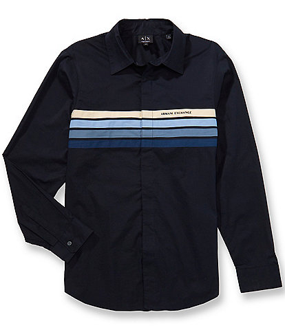 Armani Exchange Block Stripe Poplin Long Sleeve Woven Shirt