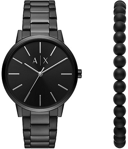 Armani Exchange Cayde Three-Hand Black Stainless Steel Watch and Bracelet Gift Set