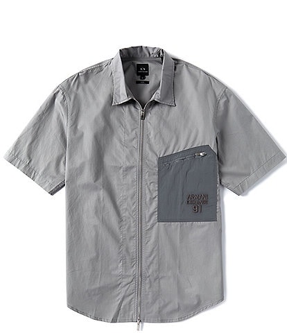 Armani Exchange Loose Fit Full-Zip Short Sleeve Woven Shirt