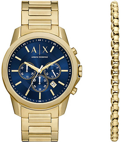 Armani Exchange Men's Banks Chronograph Gold-Tone Stainless Steel Bracelet Watch and Bracelet Set