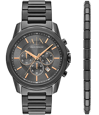 Armani Exchange Men's Banks Rd. Quartz Chronograph Gunmetal Tone Stainless Steel Bracelet Watch and Bracelet Set