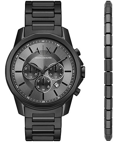 Armani Exchange Men's Chronograph Black Stainless Steel Bracelet Watch and Bracelet Gift Set