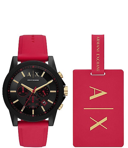 Armani Exchange Men's Chronograph Red Silicone Strap Watch and Luggage Tag Set