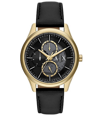Armani Exchange Men's Dante Gold Tone Multifunction Black Leather Strap Watch