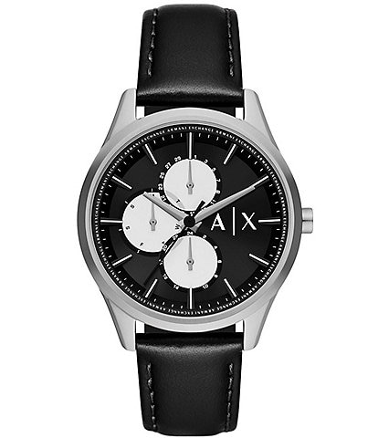 Armani Exchange Men's Dante Silver Tone Multifunction Black Leather Strap Watch