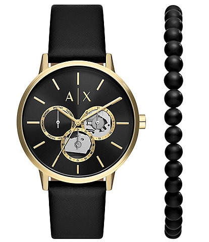 Armani Exchange Men's Multifunction Black Leather Watch and Black Onyx Beaded Bracelet Set