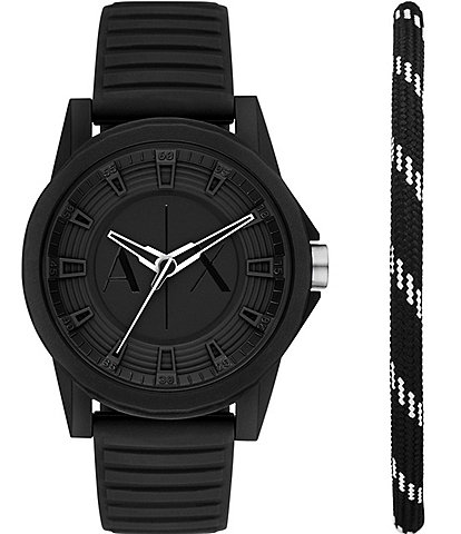 Armani Exchange Men's Three-Hand Black Silicone Watch and Fabric Bracelet Set