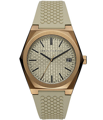 Armani Exchange Men's Three-Hand Date Beige Textured Silicone Strap Watch