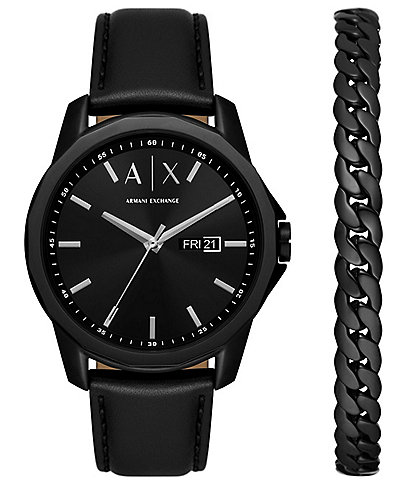 Armani Exchange Men's Three-Hand Day-Date Black Leather Watch and Black Stainless Steel Bracelet Set