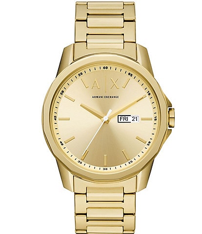 Armani Exchange Men's Three-Hand Day-Date Gold-Tone Stainless Steel Bracelet Watch