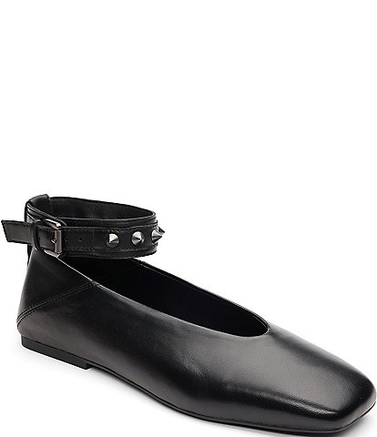 ASH Best Leather Studded Ankle Strap Square Toe Flats