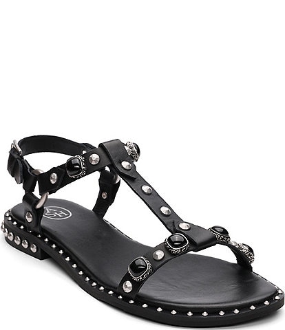 ASH Pebble Leather Studded Ankle Strap Flat Sandals