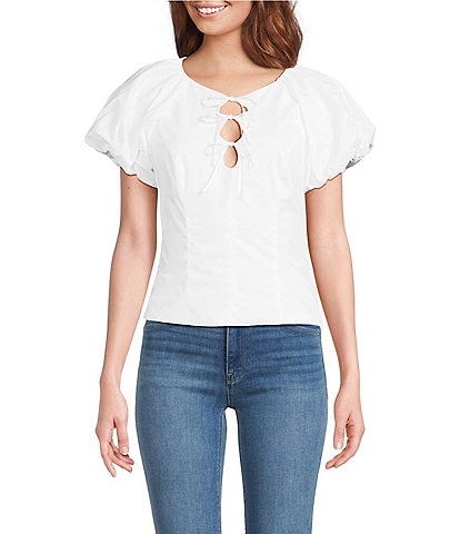 ASTR the Label Aine Poplin Crew Neck Bubble Sleeves Tie Bow Top