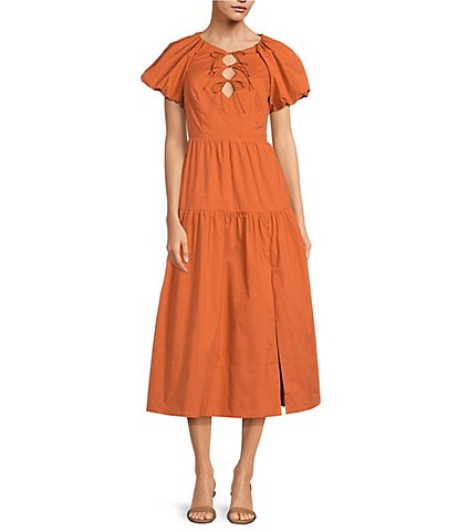 ASTR the Label Aine Poplin Crew Neckline Short Puff Sleeve Tie-Front Tiered Dress