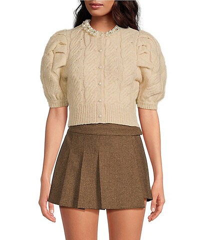 ASTR the Label Aitana Cable Knit Crew Neck Short Puff Sleeve Wool Blend Cropped Sweater