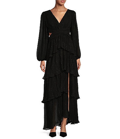 ASTR The Label Anora V Neck Long Sleeve Tiered Maxi Dress