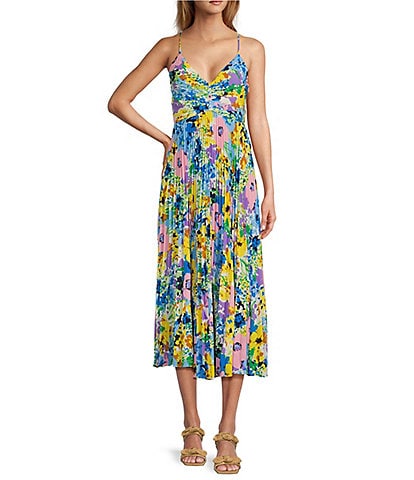 ASTR the Label Blythe Bright Floral Print V-Neck Sleeveless Pleated Midi Dress