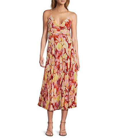 ASTR the Label Blythe Floral Print V Neck Sleeveless Pleated Midi Dress