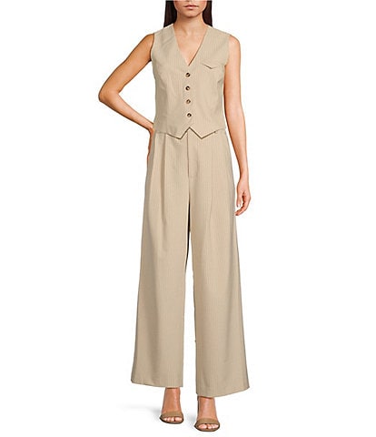 ASTR the Label Darcie V Neck Button Up Vest Top & Coordinating Milani Pin Stripe Wide Leg Trousers