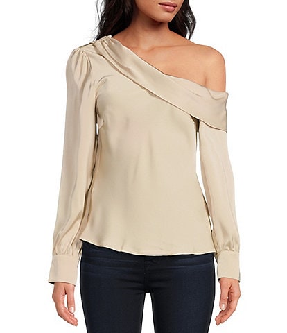 ASTR the Label Ellen Asymmetrical Neckline Long Cuff Sleeve Woven Top