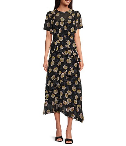 ASTR The Label Floramae Floral Print Crew Neck Short Sleeve Ruffle Midi Dress