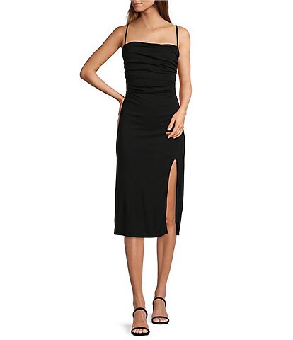 ASTR the Label Geller Sleeveless Square Neck Ruched Waist Thigh High Slit Cut-Out Back Detail Bodycon Midi Dress