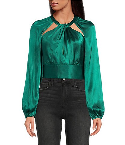 ASTR the Label Idara Woven Cut-Out Crew Neck Long Blouson Sleeve Satin Cropped Top