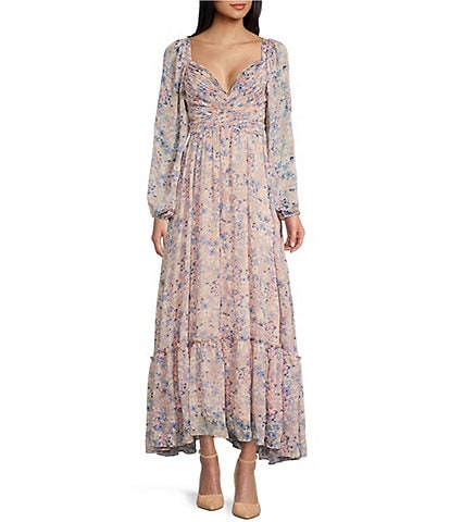 ASTR the Label Kammy Printed V-Neck Long Sleeve Cut-Out Maxi Dress