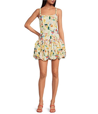 ASTR the Label Keyla Novelty Print Square Neck Rope Trim Bubble Hem Drop Waist Dress
