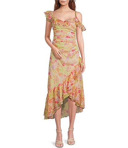 ASTR the Label Luvita Floral Print Ruffle V-Neck Sleeveless Ruched Side Slit Midi Dress