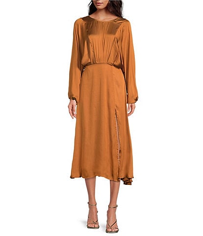 ASTR The Label Marin Round Neck Front Gathered Long Blouson Sleeve Front Slit A-Line Midi Dress